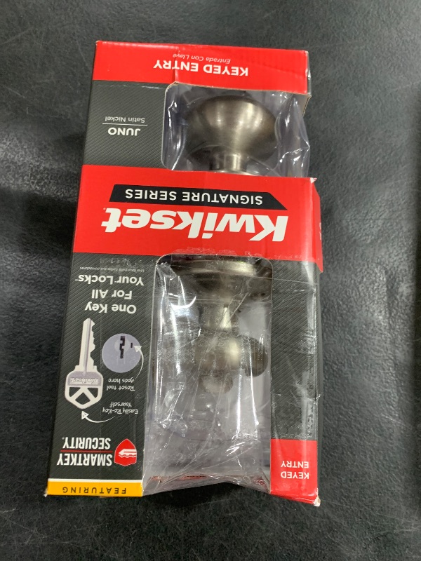 Photo 1 of Kwikset Juno Entry Door Knob with Lock and Key, Secure Keyed Handle Exterior, Front Entrance and Bedroom, Satin Nickel, Pick Resistant SmartKey Rekey Security and Microban, 2