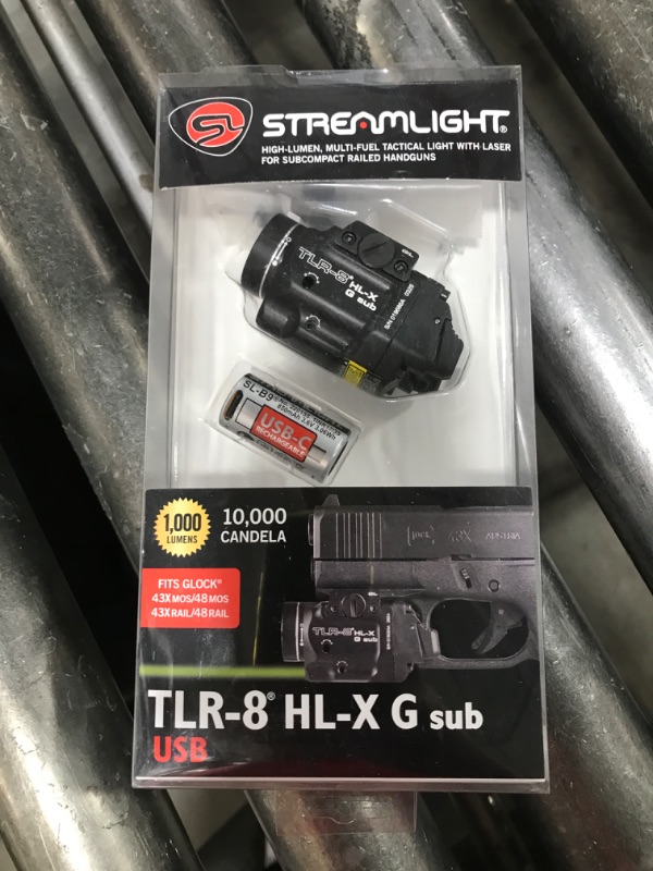 Photo 1 of Streamlight 69476 TLR-8 HL-X G sub USB 1000-Lumen Weapon Rail-Mounted Rechargeable Tactical Flashlight with Integrated Green Aiming Laser for Glock 43X/48 MOS and 43X/48 Rail Only, Black