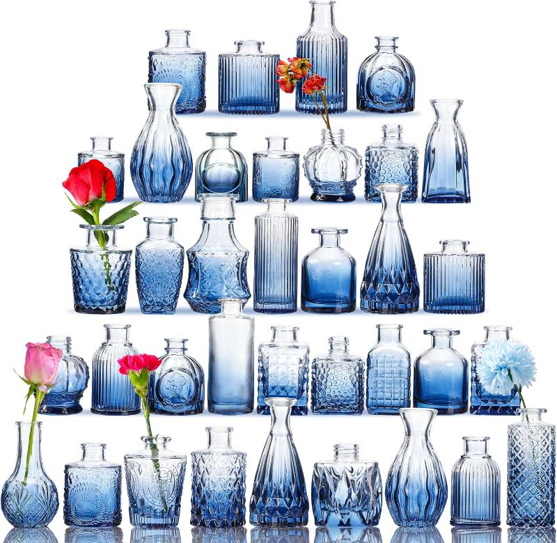 Photo 1 of Fixwal 36 Blue Bud Vases Glass Bud Vase Set, Small Vases for Flowers, Bud Vases for Centerpieces Mini Flower Vases in Bulk for Rustic Wedding Decorations Vintage Look Home Table Decor (Blue)
