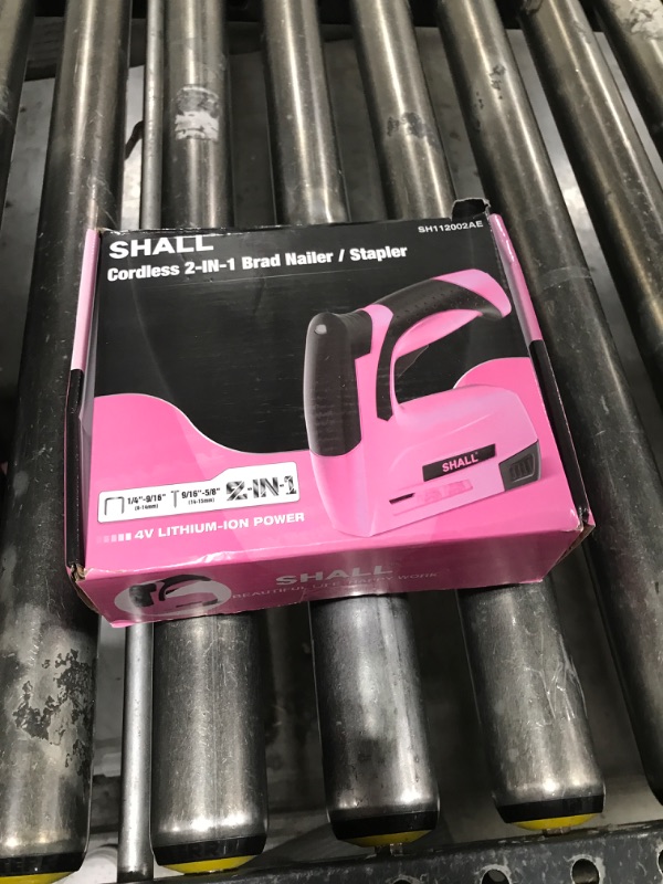 Photo 1 of SHALL Pink Electric Staple Gun, 2 in 1 Cordless Upholstery Stapler Nail Gun for Wood, 4V Rechargeable Brad Nailer Kit w/ 2500 Staples Nails, Staple Remover & Fast Charger for Crafts, DIY, Decoration