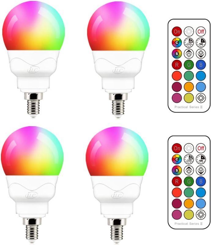 Photo 1 of ILC E12 LED Light Bulbs (40w Equivalent) 5W, Color Changing RGB, 5700K Daylight White, Small Base Candelabra Round Light Bulb, A15 Candle Base, 12 Colors 2 Modes Timing with Remote Control (4 Pack)