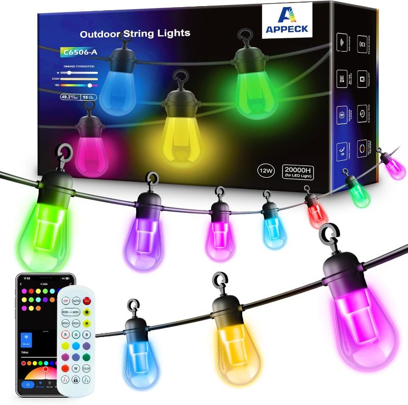 Photo 1 of Outdoor String Lights 50FT, RGBW Smart Patio Lights with 54 Scene Modes, Christmas String Lights with 15 Dimmable LED Bulbs, Color Changing Hanging Lights for Party, Backyard Decor