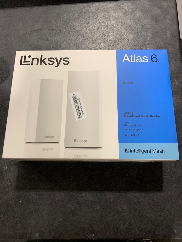 Photo 1 of Linksys Atlas WiFi 6 Router Home WiFi Mesh System, Dual-Band, 4,000 Sq. ft Coverage, 50+ Devices, Speeds up to (AX3000) 3.0Gbps - MX2000 2-Pack