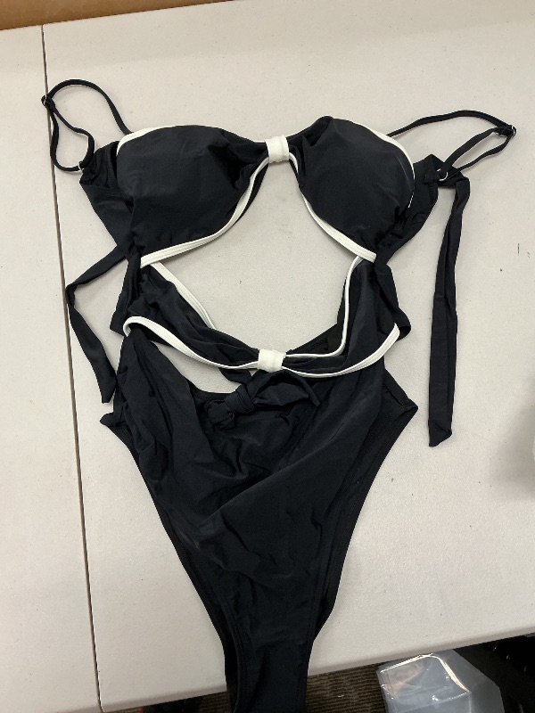 Photo 1 of Verdusa Women's Cut Out Colorblock One Piece Swimsuit Tie Back Swimwear Bathing Suit Black Large