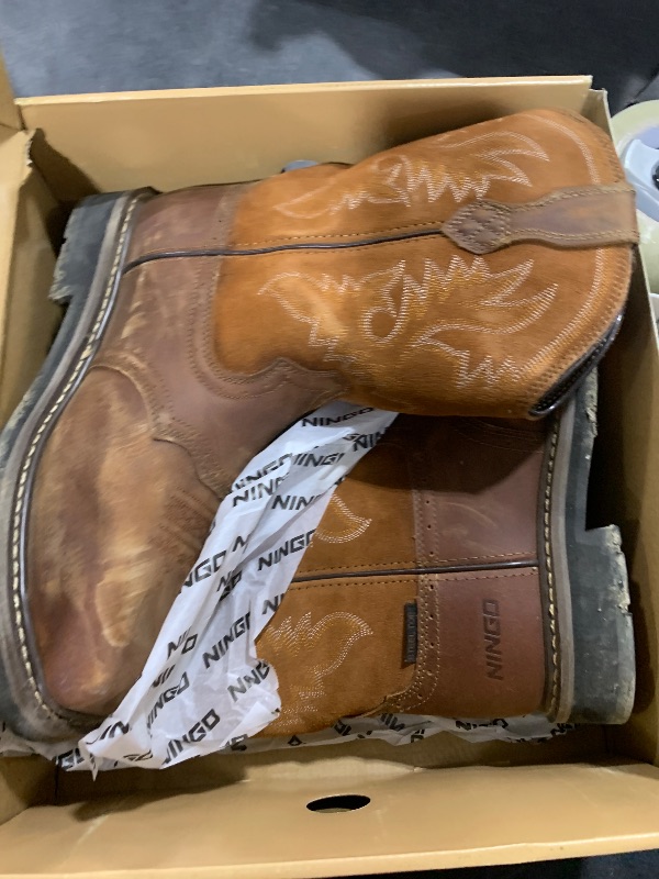 Photo 1 of HISEA NINGO Men's Western Cowboy Boots Square Toe Steel Toe Work Boots Men's Slip On Pull On Leather Work Shoes Comfortable Safety Toe Footwear for Construction Farming Industrial, Steel Toe Brown