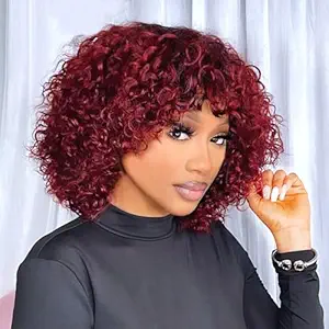 Photo 1 of Short Wigs for Black Women Glueless Ombre Curly Bob Human Hair Wigs with Bangs 200 Density Burgundy Deep Wave Bob Wig with Bangs Human Hair 99j None Lace Front Wigs 12Inch
