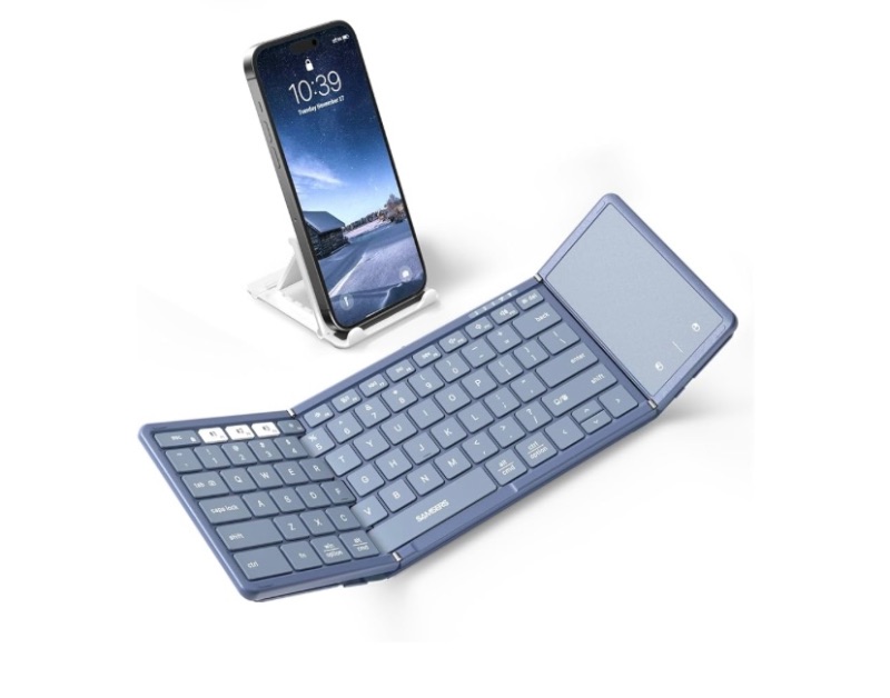 Photo 1 of Samsers Foldable Bluetooth Keyboard with Touchpad, Full-Size Wireless Folding Keyboard with PU Leather, Portable Travel Key Board for iOS Android Windows Mac OS, Support 3 Devices (BT5.1 x 3), Blue