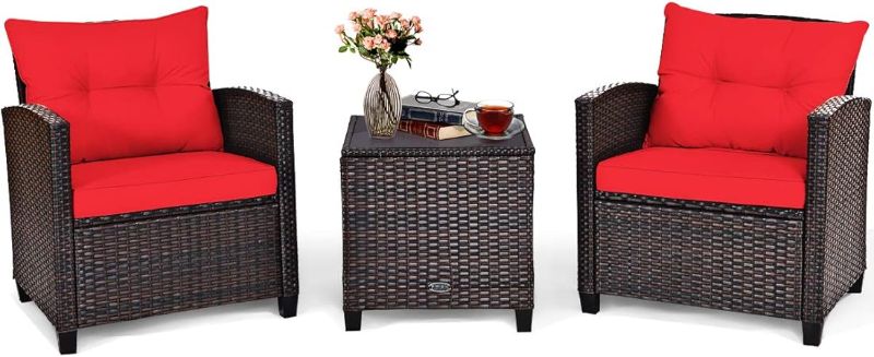 Photo 1 of 3 Pieces Patio Furniture Set, PE Rattan Wicker 3 Pcs Outdoor Sofa Set w/Washable Cushion and Tempered Glass Tabletop, Conversation Furniture for Garden Poolside Balcony (Red)