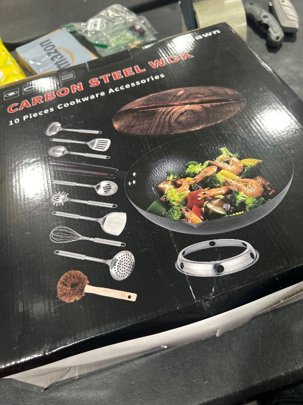 Photo 1 of Leidawn 12.8" Carbon Steel Wok-11Pcs Woks & Stir Fry Pans Wok Pan with Lid, No Chemical Coated Chinese Woks with 10 Cookware Accessories, Flat Bottom Wok for Electric, Induction,Gas Stoves
