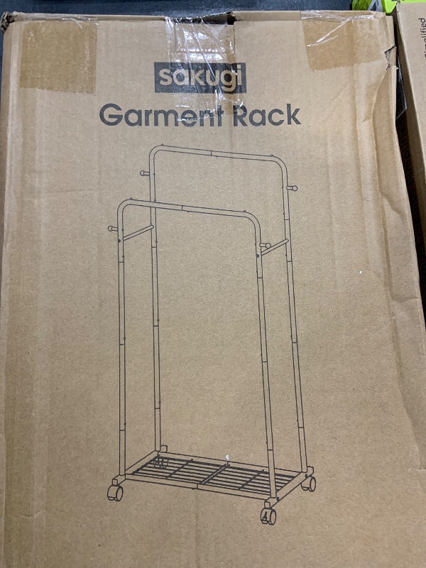 Photo 1 of Sakugi Clothes Rack - Double Rods Clothing Rack with Mesh Shelf, Hooks & Wheels, Metal Clothing Racks for Hanging Clothes & Bags, Multifunctional Garment Rack for Laundry, Black, 28.7" x 16.5" x 59.1"