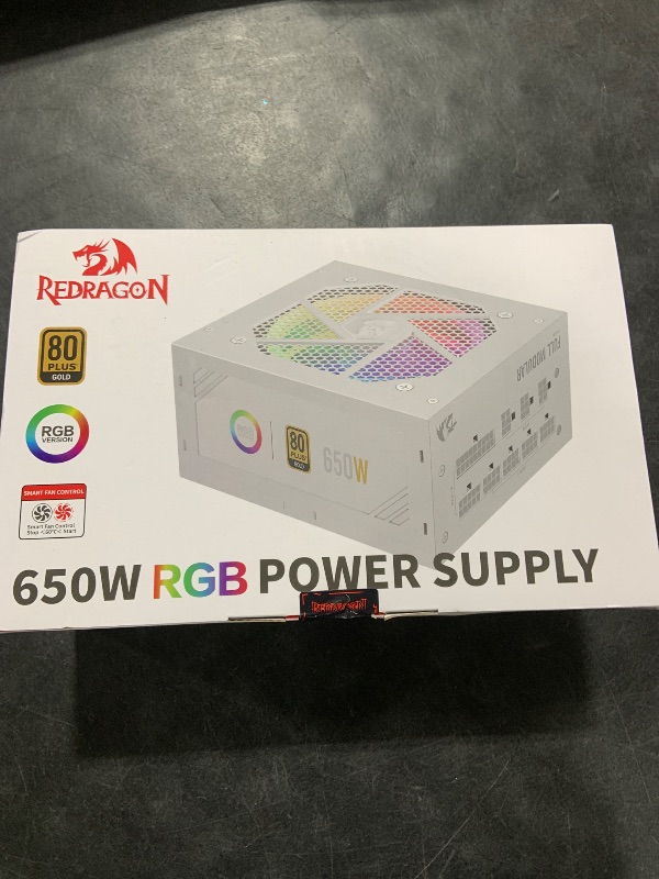 Photo 1 of Redragon RGPS-650W 80+ Gold 650 Watt ATX Fully Modular Power Supply w/ 80 Plus Gold Certified, Compact 160mm Size and Low Noise RGB Fan 0 RPM, 100% Japanese Capacitors, Full Mod Cables, White