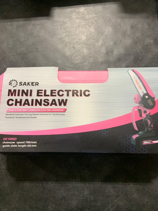 Photo 1 of Saker Mini Electric Chainsaw,6 Inch, Handheld Portable Chain Saw Pruning Shears Chainsaw Cordless for Tree Branches,Household and Garden(SAKER MINI CHAINSAW PINK + 2 BATTERIES + 3 CHAINS)