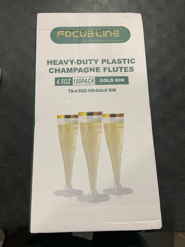 Photo 1 of FOCUSLINE 100 Pack Plastic Champagne Flutes, 4.5 Oz Gold Rim Plastic Champagne Glasses, Disposable Clear Toasting Glasses Recyclable Champagne Cups for Wedding Party