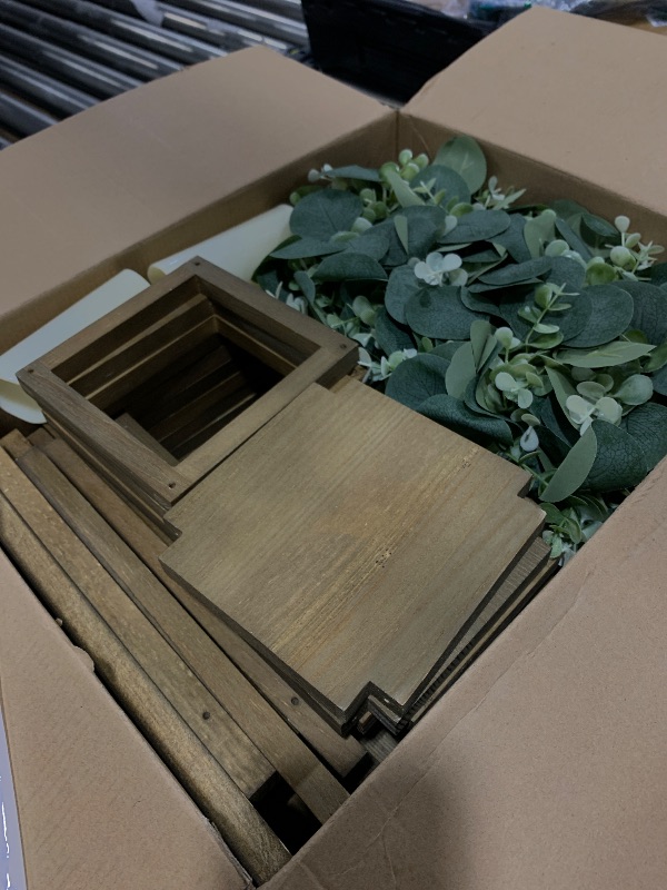 Photo 1 of Geelin 12 Set Wooden Lanterns for Wedding Centerpieces Include 12 Wooden Lantern 12 LED Candle 12 Eucalyptus Leaves Wreath for Wedding Baby Shower Farmhouse Table Decor(10.59'', 13'',Brown)