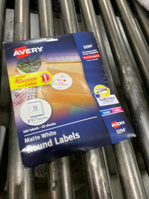 Photo 1 of Avery High Visibility Printable Round Labels with Sure Feed, 2.5" Diameter, White, 300 Customizable Blank Labels Total (5294)