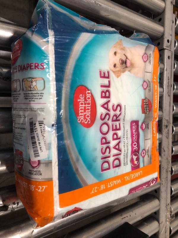 Photo 1 of Simple Solution Disposable Dog Diapers, Female Dog Diapers, Puppy Potty Training, Incontinence and Heat Cycle Protection, Large Diapers for Dogs, 18-27 Inch Waist, 30 Count