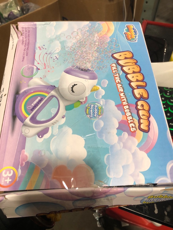 Photo 1 of Rechargeable Bubble Machine for Kids, Portable 360°Leak Proof Auto Unicorn Bubble Machine Gun for Toddlers 1-3 Parties with Lights Music, Bubble Blower Gift for Boys Girls 4 5 6 7 8 Pet Purple