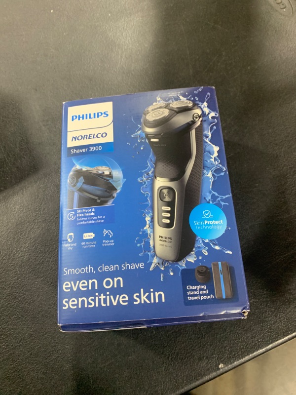 Photo 1 of Philips Norelco Shaver 3900 Series, Wet and Dry Electric Shaver, P-Cap, Travel Pouch, Charging Stand, Storm Blue, Model S3341/92