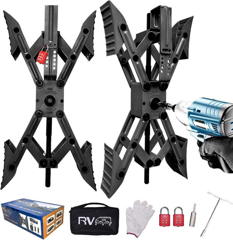 Photo 1 of Camper X-Shaped Wheel Chock Stabilizer, 2 Sets RV Stabilizer Wheel Chock Scissor, X Chocks Wheel Stabilizer for Travel Trailer Allow Drill Adjust with Hex Socket, Tool Kit and Password Locks-Black