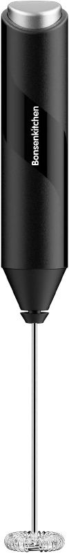 Photo 1 of Bonsenkitchen Powerful Milk Frother for Coffee, Fast Handheld Drink Mixer with Stainless Steel Whisk, Battery Operated Hand Frother Stirrer Wand-Black
