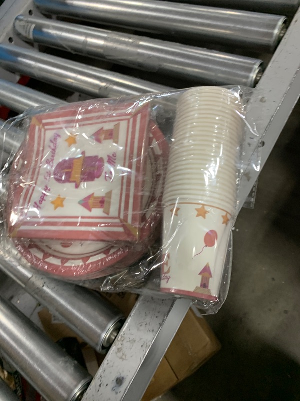 Photo 1 of Girl 1st Birthday Party Tableware Set - Pink 'One Year' Themed Birthday Party Dinnerware Includes Plates, Napkins, Cups, First Birthday Decor Supplies for Baby Girl