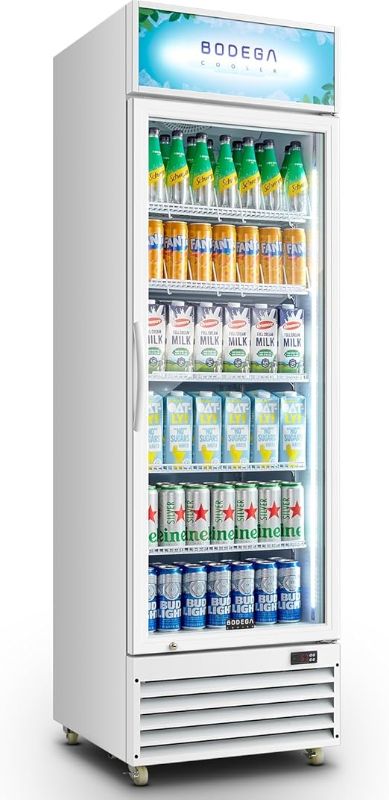Photo 1 of BODEGACOOLER Commercial Merchandiser Refrigerator, 15.5Cu. Ft Beverage Refrigerator Cooler, Upright Glass Door Display Refrigerator with LED Light, 4 Strong Castors for Shop, Restaurant, Office(White)
