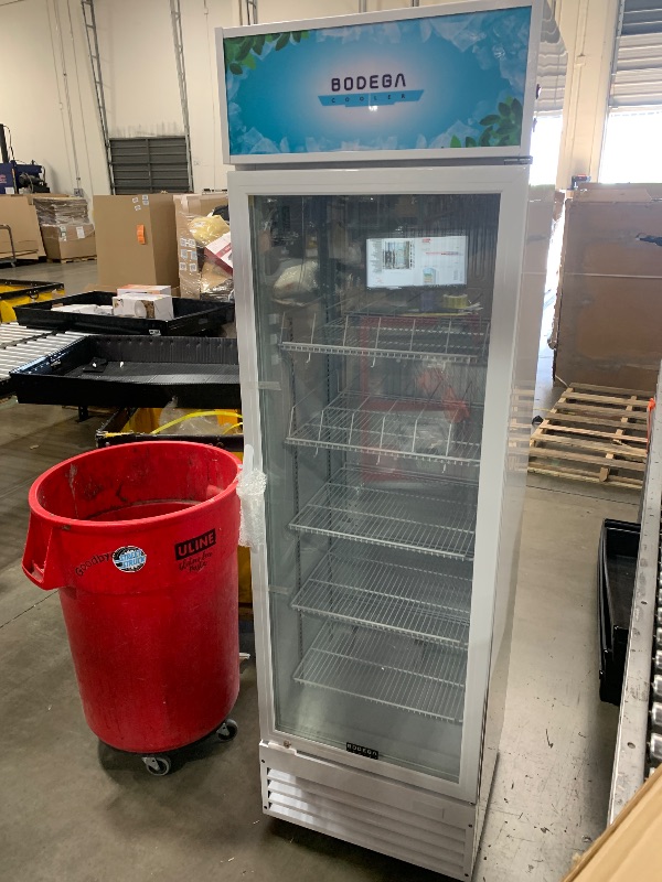 Photo 1 of BODEGACOOLER Commercial Merchandiser Refrigerator, 15.5Cu. Ft Beverage Refrigerator Cooler, Upright Glass Door Display Refrigerator with LED Light, 4 Strong Castors for Shop, Restaurant, Office(White)
