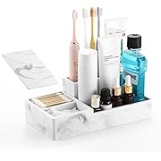 Photo 1 of Luxspire Bathroom Counter Organizer, Marble Toothbrush Holder for Bathroom 6 Slot, Bathroom Vanity Organizer with Lid, Bathroom Organizer Countertop for Cotton Ball, Q-Tips, Floss, Gravel White
