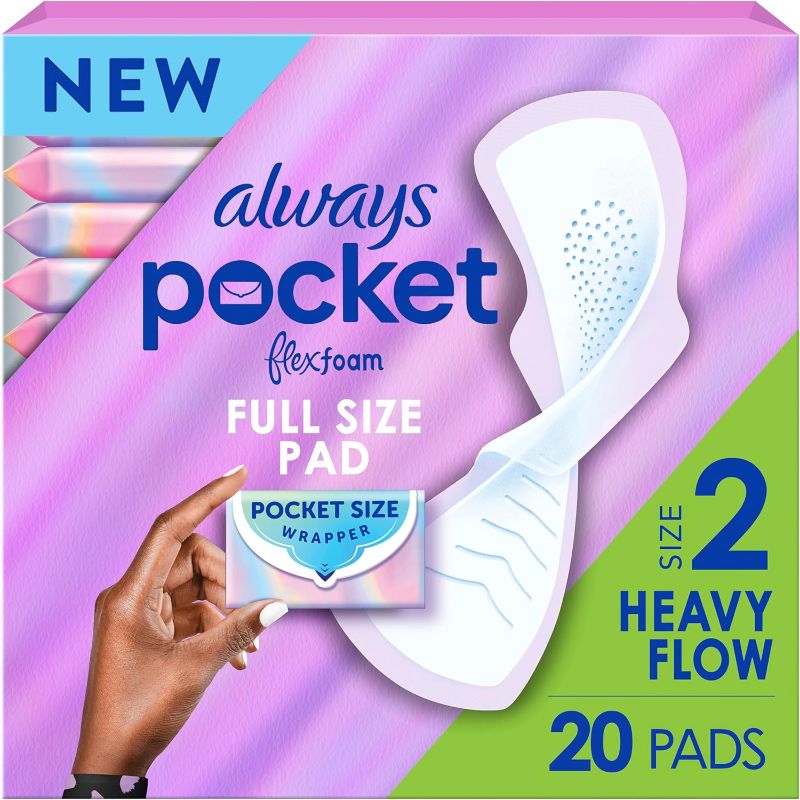 Photo 1 of Always Pocket Feminine Pads for Women with FlexFoam, Size 2, Heavy Flow, with Wings, Unscented, 20 Count
