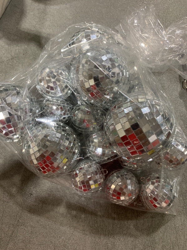 Photo 1 of  Balls Decoration Mirror Disco Ball Assorted Silver Mini Glass Different Sizes Reflective with Rope for 70s Wedding Dance