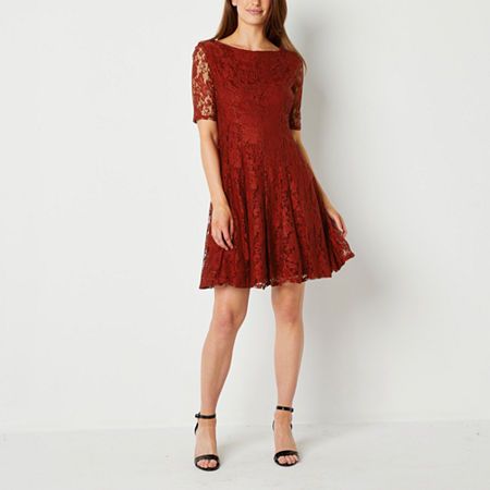 Photo 1 of  Danny & Nicole Short Sleeve Floral Lace Fit + Flare Dress, SIZE 14, Red 