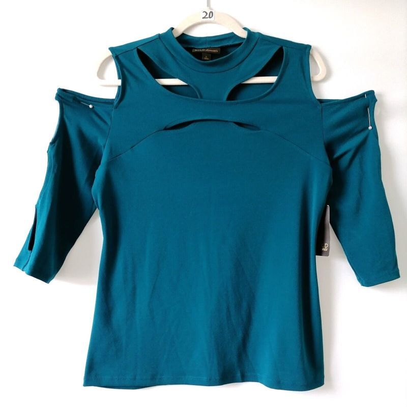 Photo 1 of NWT Bold Elements Womens Tahoe Teal Blue Cold Shoulder Sleeve Blouse Top Size L