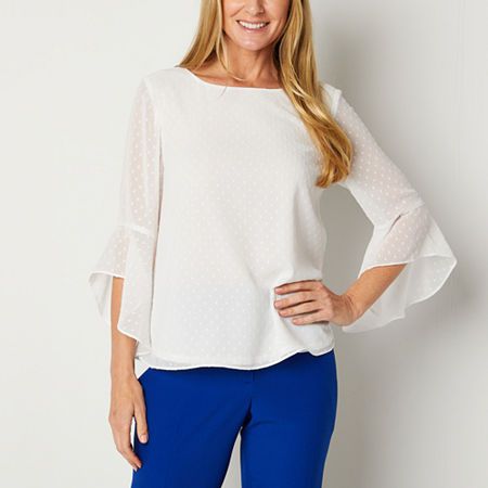 Photo 1 of  Black Label by Evan-Picone Womens Crew Neck 3/4 Sleeve Blouse, Large, White 