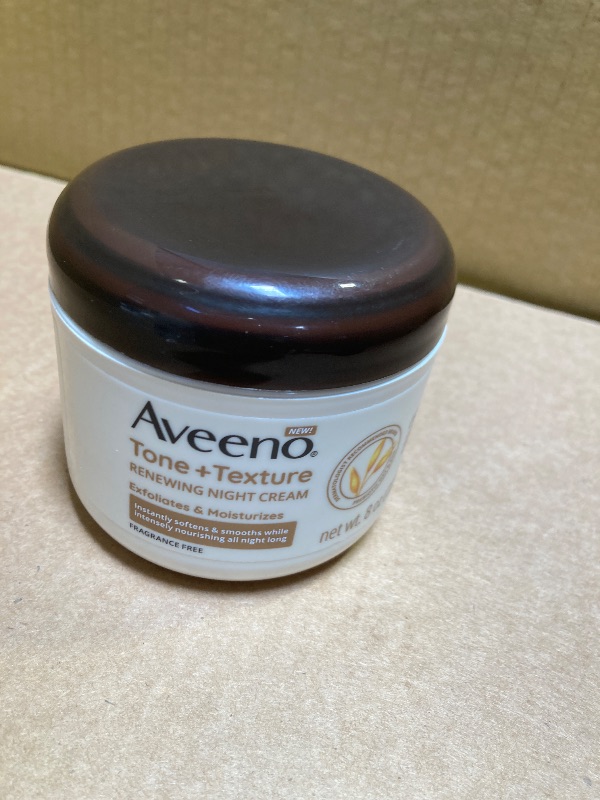 Photo 1 of Aveeno Tone + Texture Renewing Night Cream With Prebiotic Oat, Gentle Cream Exfoliates & Moisturizes Sensitive Skin, Instantly Softens & Smooths & Intensely Nourishes, Fragrance-Free, 8 Oz
