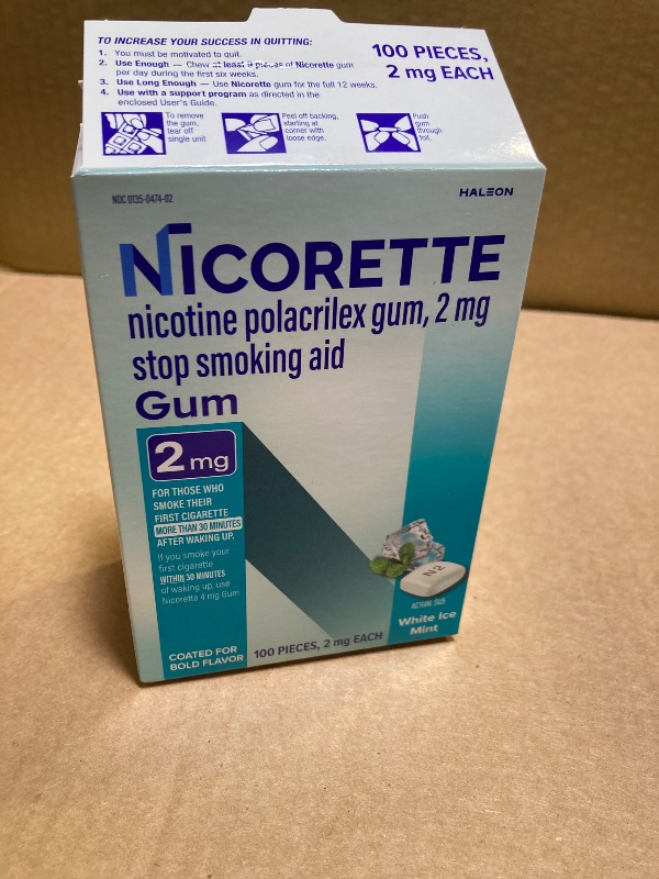 Photo 1 of EXP DATE 08/2027--Nicorette Nicotine Gum Stop Smoking Aid, 2 mg, White Ice Mint Flavor - 80 Count