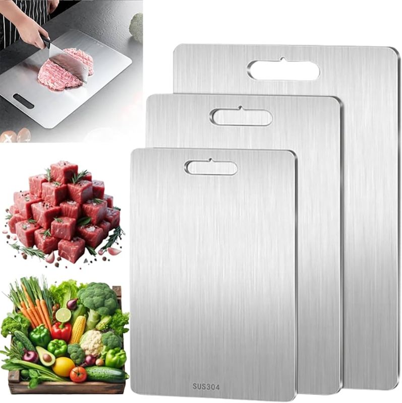 Photo 1 of  Titanium Cutting Boards, 3 Pack Stainless Steel Cutting Board, Easy to Clean Titanium Cutting Boards for Kitchen Double Sided Food-Grade Titanium Board for Home Kitchen Cooking (SU304 B+C+D) 