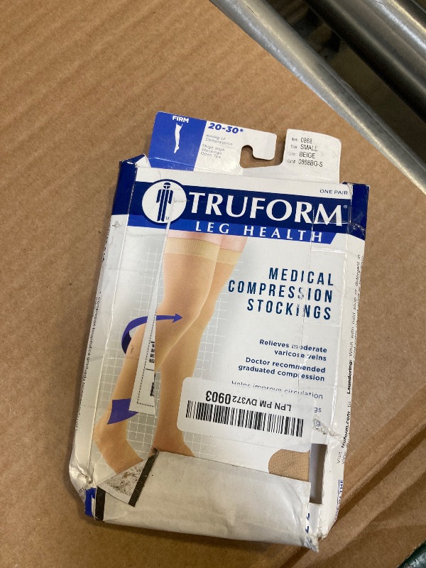 Photo 1 of Truform 20-30 mmHg Compression Stockings for Men and Women, Thigh High Length, Dot-Top, Open Toe, Beige, Small