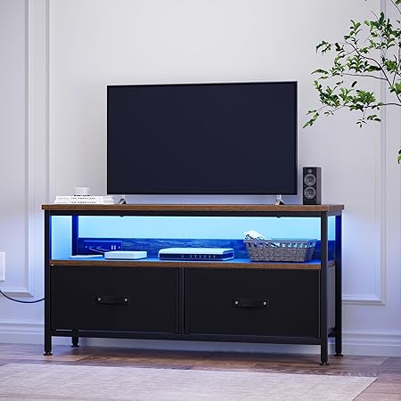 Photo 1 of 39" TV Stand for TVs up to 50", Media Console with Charging Station & LED Lights, 2 Drawer Storage Chest, Gaming Entertainment Center with Storage for Living Room, Brown, Medium