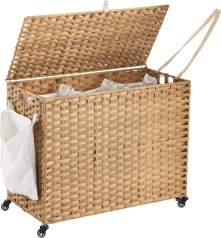 Photo 1 of Laundry Hamper with Wheels, 52.8 Gallon(200L) Rolling Laundry Basket with Lid, 3-Section Rattan Clothes Hamper with 3 Removable Liner & 3 Mesh Laundry Bags, Laundry Sorter with Side Pocket, Natural

