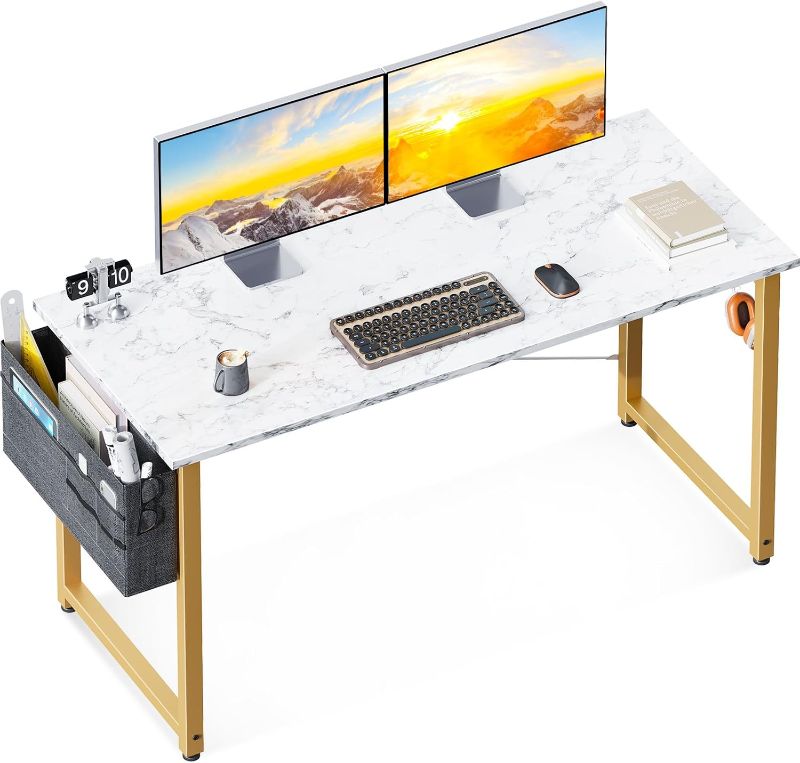 Photo 1 of ODK Computer Desk Large Office Desk, 48 Inch Writing Desk with Storage, Modern PC Desk Work Table with Headphone Hook for Home Office, White Marble + Gold Leg
