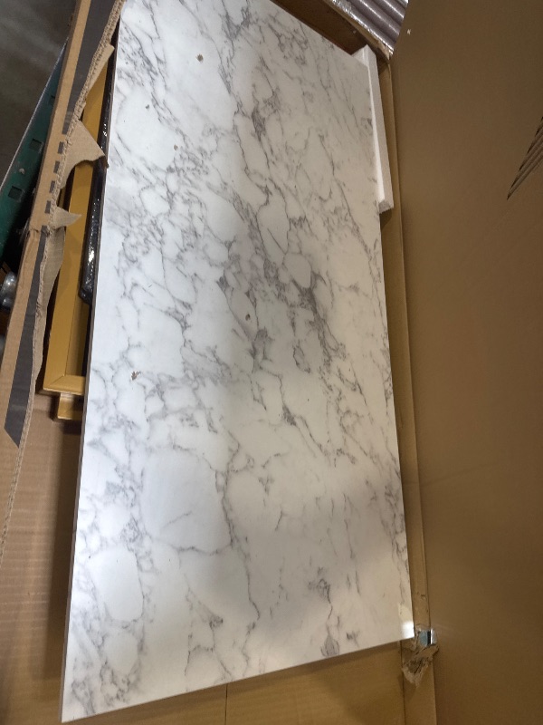 Photo 1 of ODK Computer Desk Large Office Desk, 48 Inch Writing Desk with Storage, Modern PC Desk Work Table with Headphone Hook for Home Office, White Marble + Gold Leg
