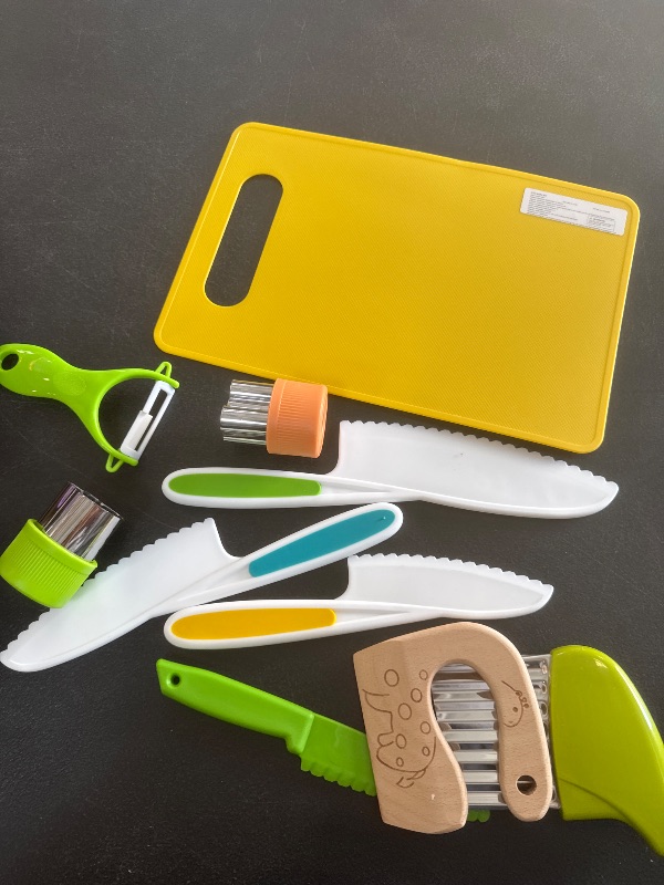 Photo 1 of melican Kids Kitchen Knife Set, 11 Pcs Montessori Kitchen Tools for Toddlers' Real Cooking, Include Kid Knives, Crinkle Cutter, Sandwich Cutters, Peeler, Cutting Board for Birthday