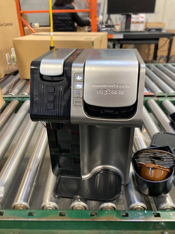 Photo 1 of Hamilton Beach FlexBrew Trio 2-Way Coffee Maker, Compatible with K-Cup Pods or Grounds, Combo, Single Serve & Espresso Machine with 19 Bar Pump, 56 oz. Removable Reservoir, Black