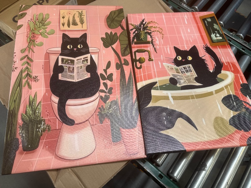 Photo 1 of 2 Pcs Funny Pink Bathroom Cat Canvas Wall Art Black Cat Sitting on Toilet Reading Newspaper Bathe Paintings Pictures Wall Decor Poster Print Artwork for Toilet Washroom Home Decoration (Canvas, )
