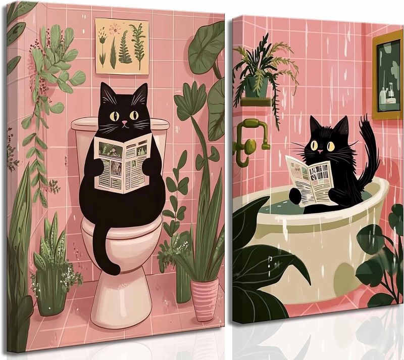 Photo 1 of 2 Pcs Funny Pink Bathroom Cat Canvas Wall Art Black Cat Sitting on Toilet Reading Newspaper Bathe Paintings Pictures Wall Decor Poster Print Artwork for Toilet Washroom Home Decoration (Canvas, )
