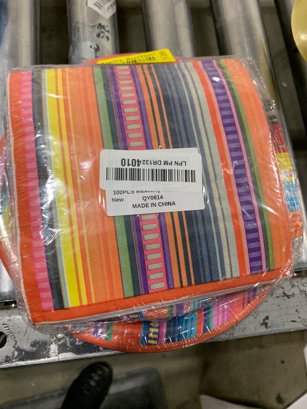 Photo 1 of 100PCS Mexican Serape Fiesta Party Plates and Napkins Party Supplies Colorful Stripes Mexico Platters Tableware Set Party Decor Favors for Mayo Dance Pinata Taco Colorful Ponchos Theme Party Serves 25