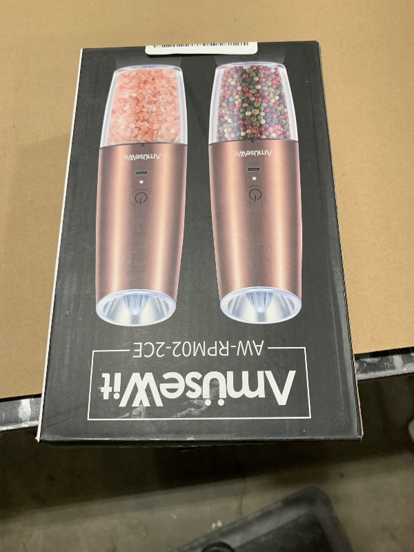 Photo 1 of AmuseWit Gravity Electric Salt and Pepper Grinder Set [White Light] USB Rechargeable Automatic Pepper and Salt Mills,Adjustable Coarseness,One-Handed Operation, Copper