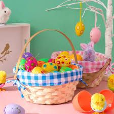 Photo 1 of  Bamboo Easter Egg Hunt Basket, 9.7 Inch Reusable Buckets for Kids, Non-Toxic & Splinter-Free with Plaid Liners, Easter Bunny Gifts, Spring Party Favors, Outdoor Activity Prizes