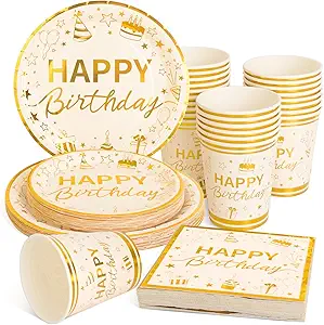 Photo 1 of 100 Pcs Gold Birthday Plates and Napkins Party Supplies with Golden Happy Birthday Party Dinnerware Set, Gold Birthday Paper Plates, Napkins and Cups for 25 Guests