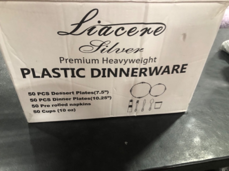 Photo 1 of Liacere 350PCS Silver Plastic Plates&Pre Rolled Napkins for 50 Guests - Plastic Dinnerware Sets 100Silver Disposable Plates, 150Silver Silverware, 50Cups and 50Napkins for Wedding